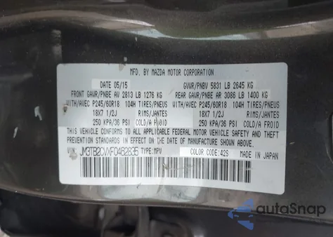 2015 Mazda Cx-9 Touring z USA, uszkodzony, nr VIN JM3TB2CVXF0462835